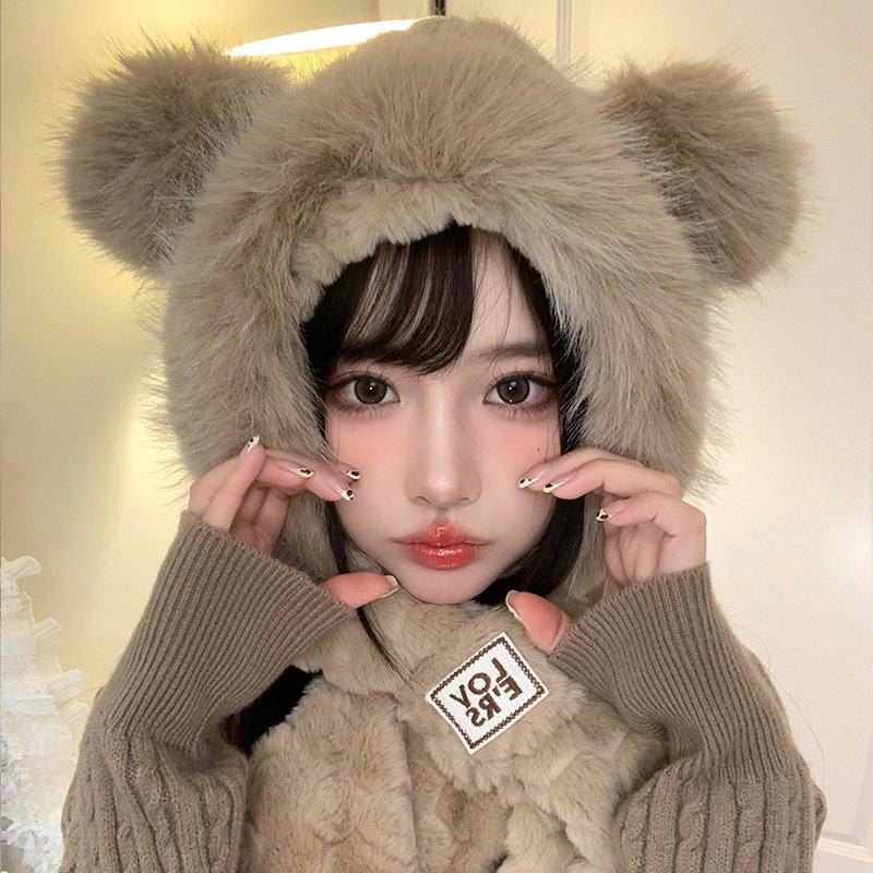 Orelhas de Urso Outono e Inverno Chapéu Lei Feng Feminino Chapéu de Pelúcia Cachecol Integrado Chapéu Pulôver Quente Conjunto Fofo Versátil de Duas Peças