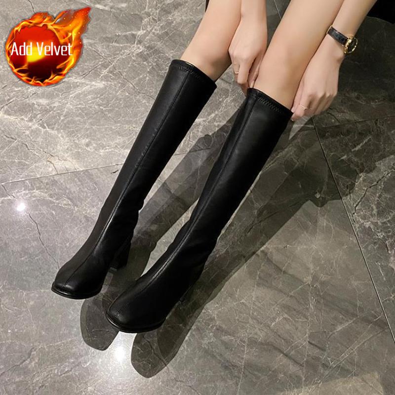 

Женские сапоги до колена на среднем каблуке с квадратным носком, кожаные, высокие, для осени и зимы, готические, новинка, распродажа обуви из полиуретана 40