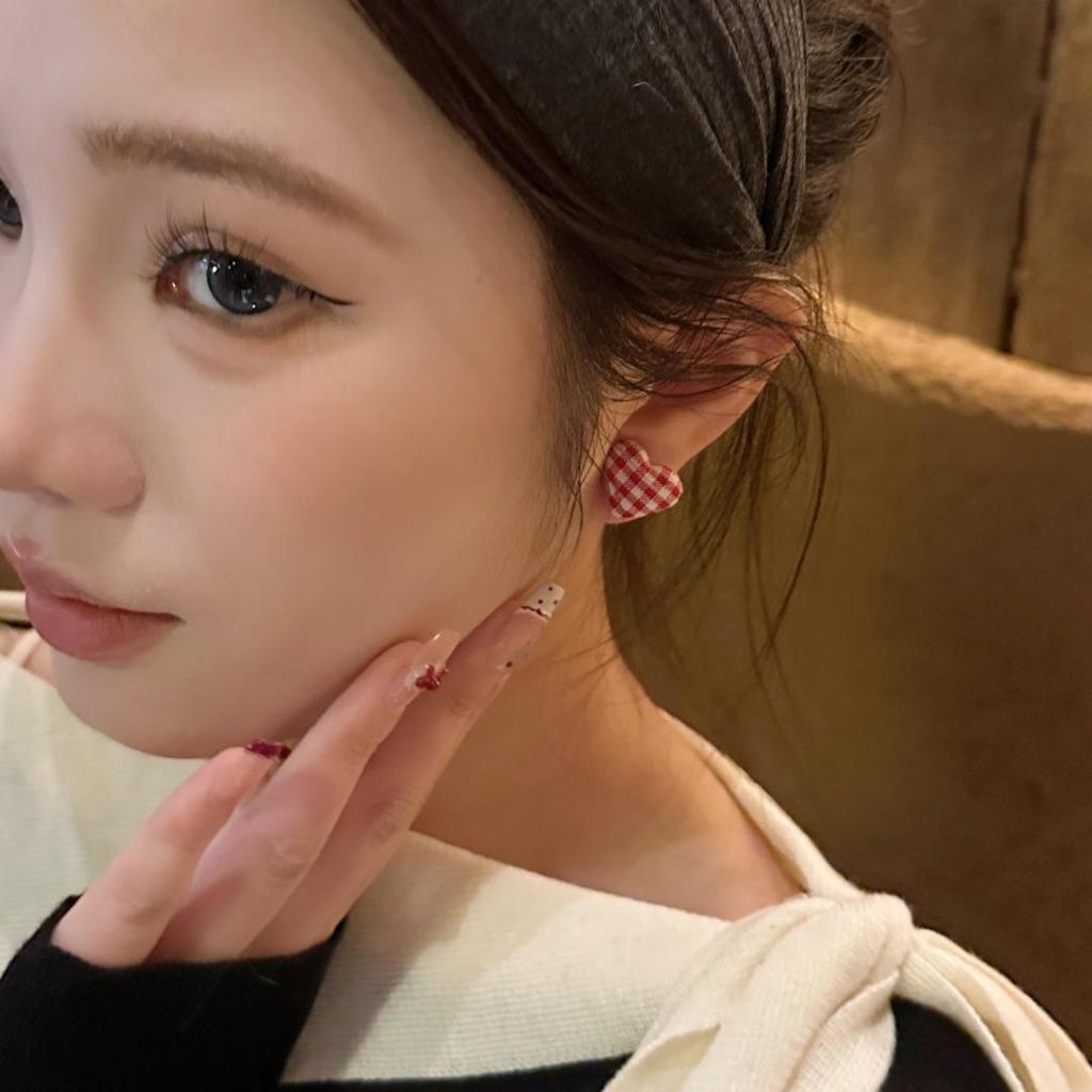 Ankola Red Plaid Heart Earrings: Versatile Front & Back Wear, Light Luxury Design for Women