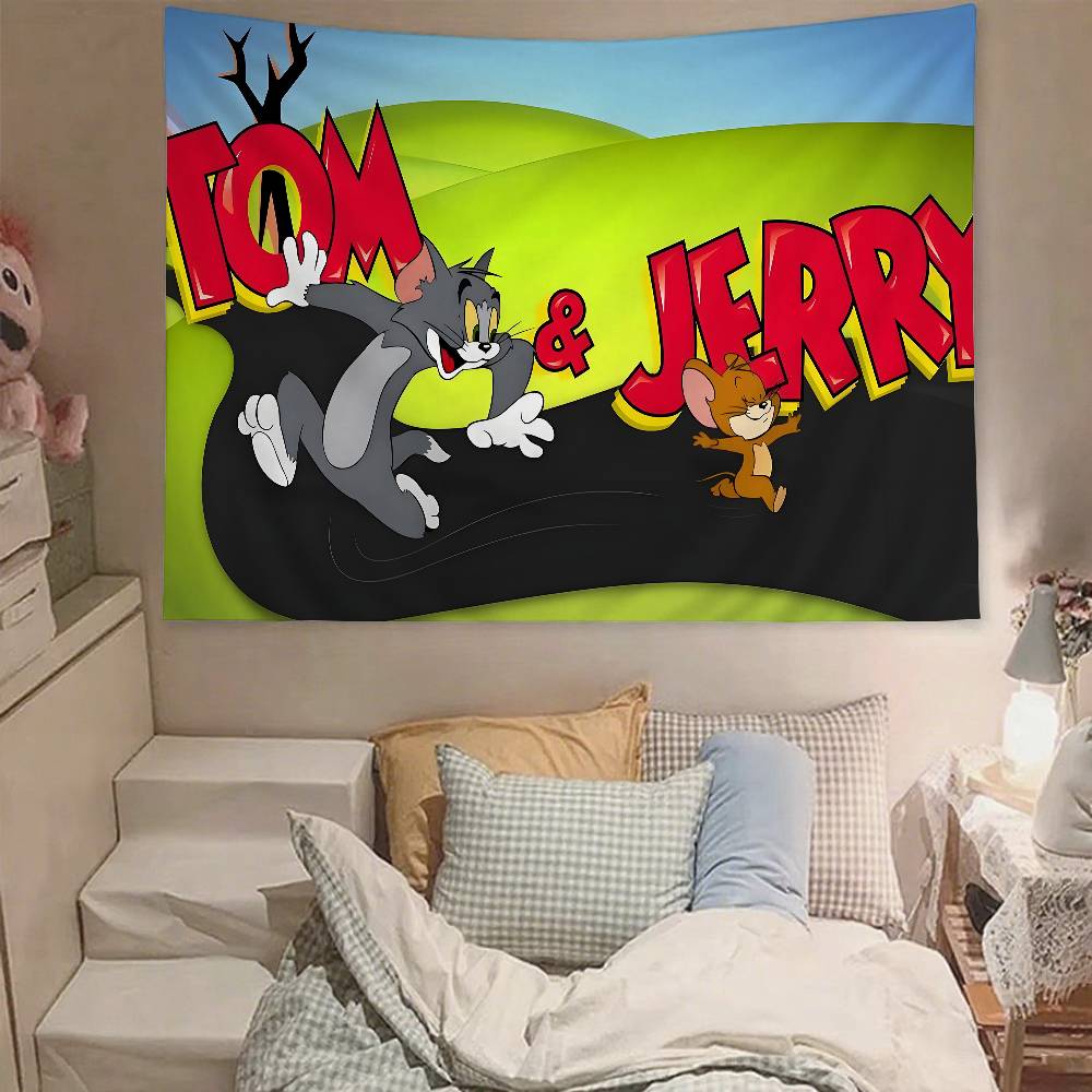 Cute TTom And Jerry Tapestry Wall Hanging Tapestry Art Deco Blanket Curtain Hanging At Home Bedroom Living Room Decor