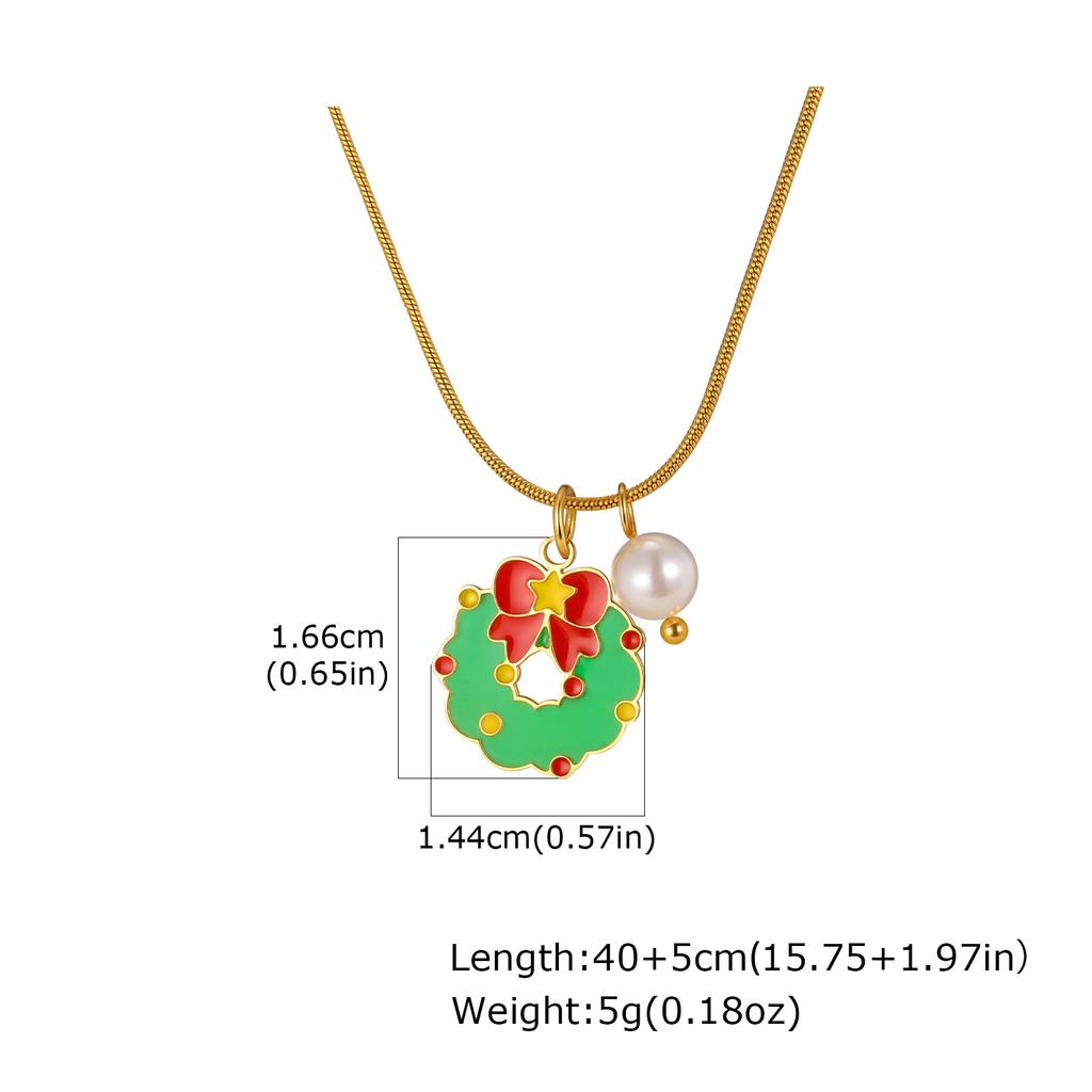 Santa Claus Wreath Pendant Round Snake Chain Necklace, Stainless Steel Plated 18K Gold Christmas Ornaments Women