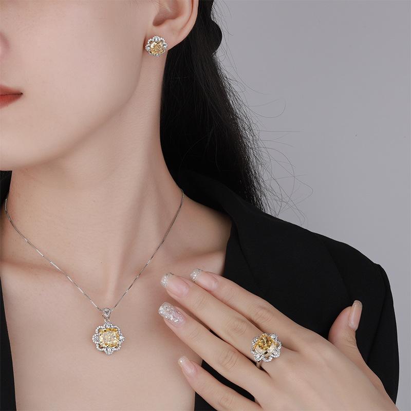 Jewelry High Carbon Diamond Ice Flower Cut Copper Inlaid Yellow Diamond Set Female Lead 12 * 12 * 8 * 8