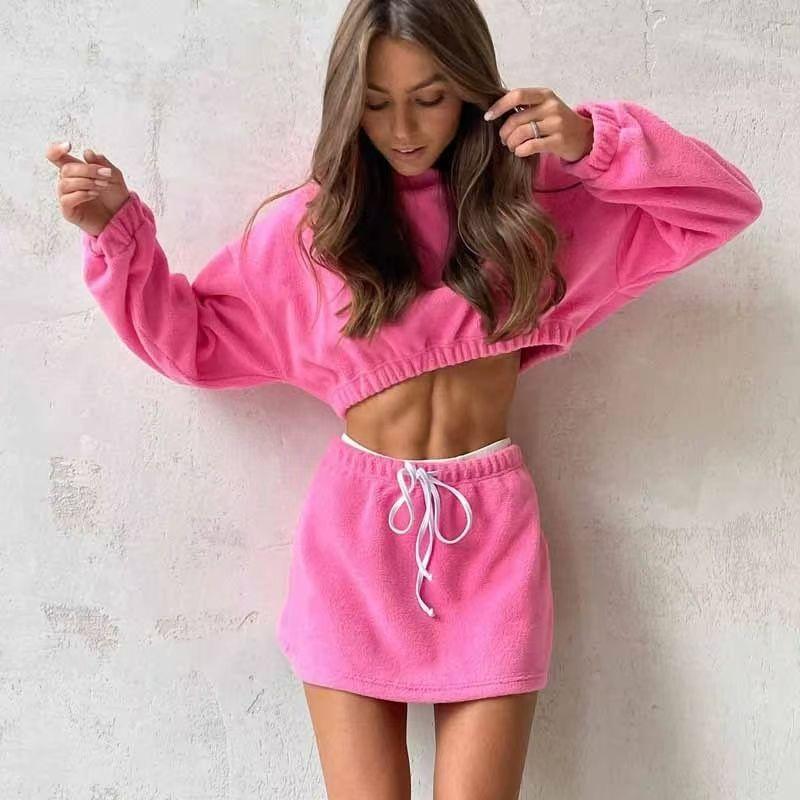 

Fashion Style Fashion Hooded Midriff-Baring Top Skirt Outfit Hooded Top and Short Skirt Set Pink XL