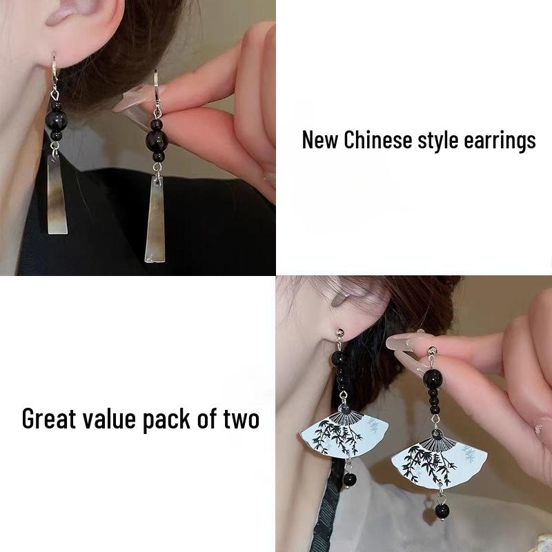 2024 Light Luxury Chinese Black Fan Ear Cuff Earrings – National and Ancient Style Cheongsam Accessories