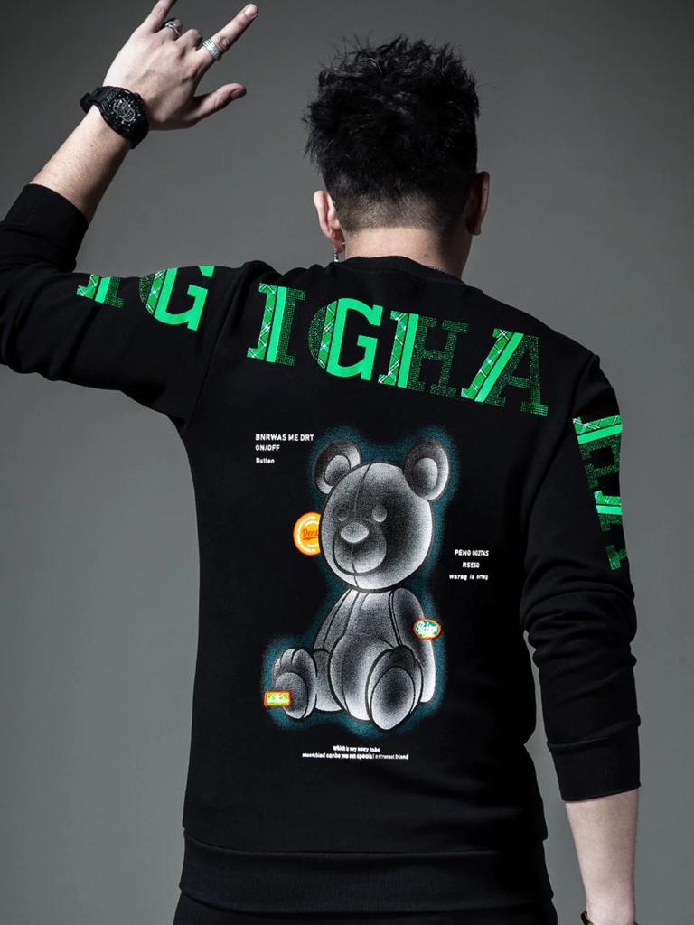 European Men's Long-Sleeve Crew Neck Sweatshirt 2025 Autumn New Bear Print Rhinestone Base Shirt Trendy Top