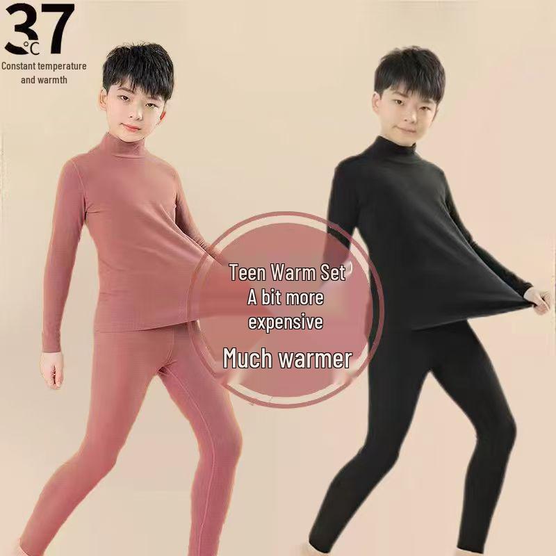 Kids' Double-Sided Fleece Warm Set: High Collar, Cold Protection, Autumn Top & Bottom, Medium/Large Sizes