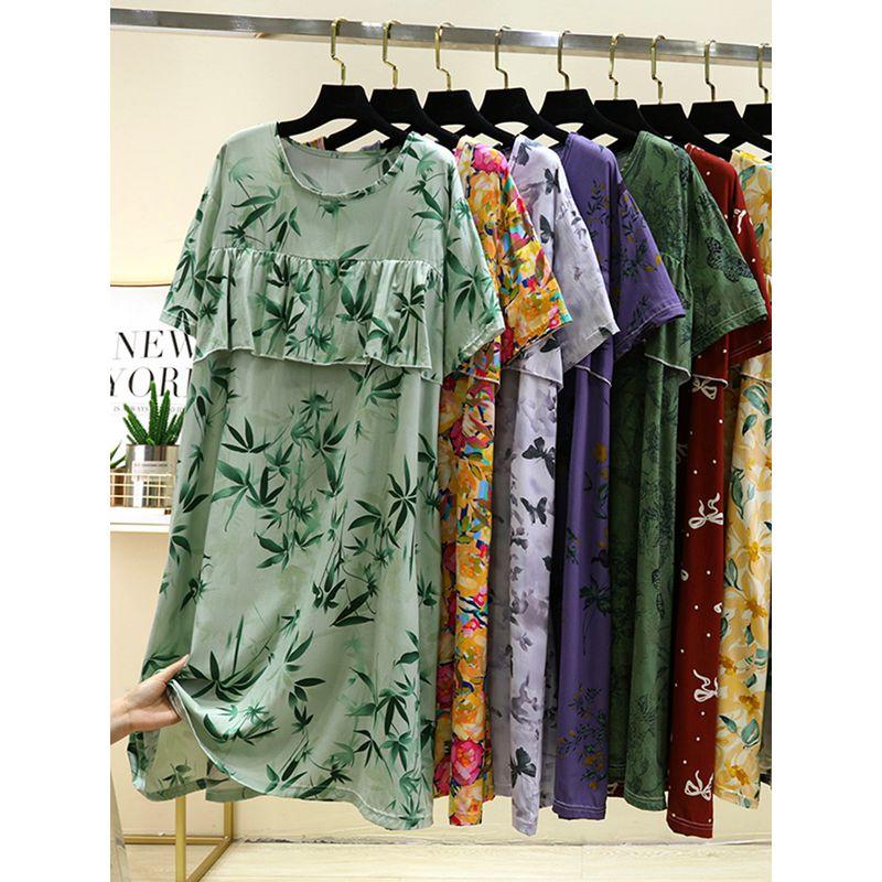 Bourette Short sleeve Dress Women Summer Thin Waist Hugging Home Dress Mid-Length A- line Skirt Artificial Cotton Loose Nightdress