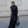 2025 Fall Women's Solid Color Semi-High Neck Asymmetric Hem Loose Bodycon Dress