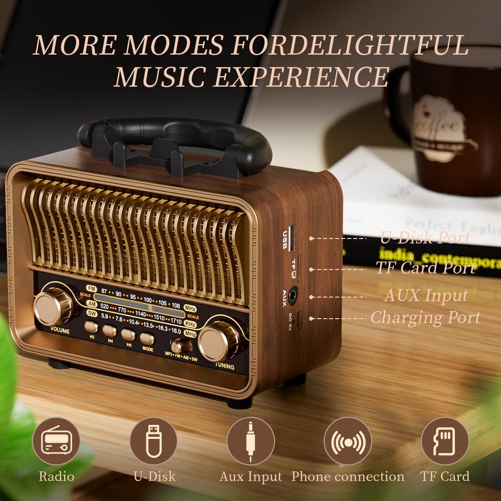 Retro Nešiojamas AM/FM/SW Radijas su Įkraunama Baterija, TF/AUX Atkūrimas ir Antena. Belaidis namams arba avarijai.