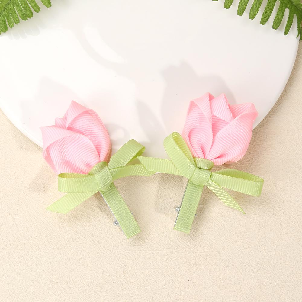 2Pcs Tulip Floral Hair Clips 3D Flower Ribbon Bow Hairpin Korean Style Spring Sweet Baby Girl Children Hair Accessories Headwear