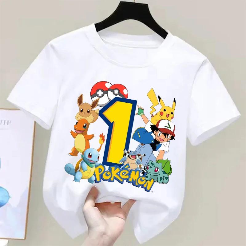 Pokemons Pikachu Kids T Shirts Birthday Number 1-9 Printed T Shirt Boys Girls Summer Casual Short Sleeves Tops Children Clothing