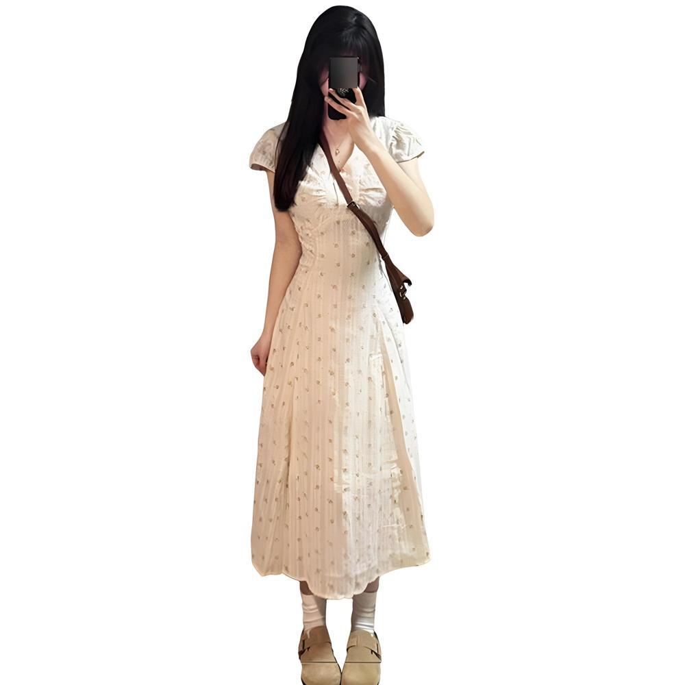 New French temperament gentle wind floral short-sleeved v-neck dress fashionable women's summer small waist dress