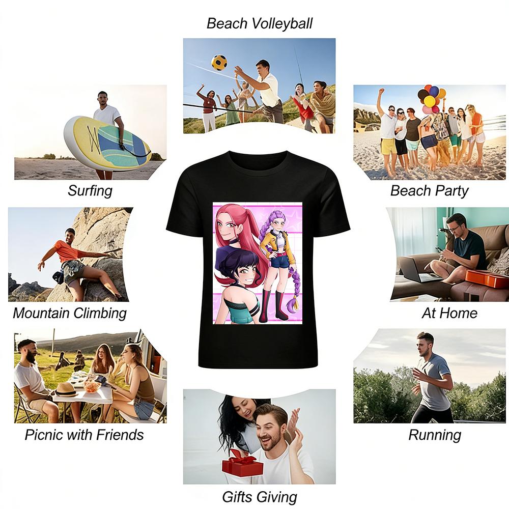 Anime Girl Group Print T-shirt Cool Spice Girl Style Loose Top Trendy Outfit For Anime Fans Pure cotton T-shirt