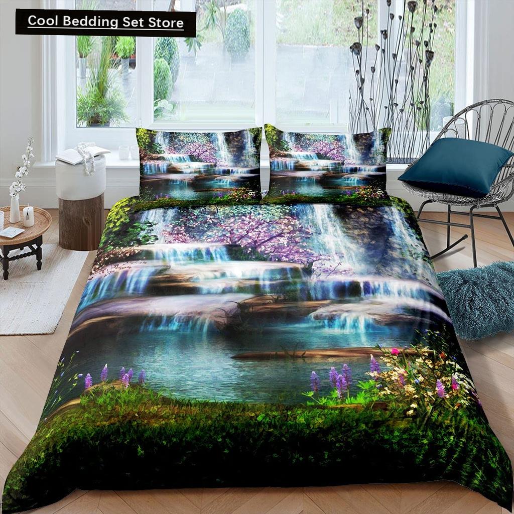Waterfall king Queen Duvet Cover Floral Trees Bedding Set Natural landscape quilt cover Purple Dream polyester Comforter Cover