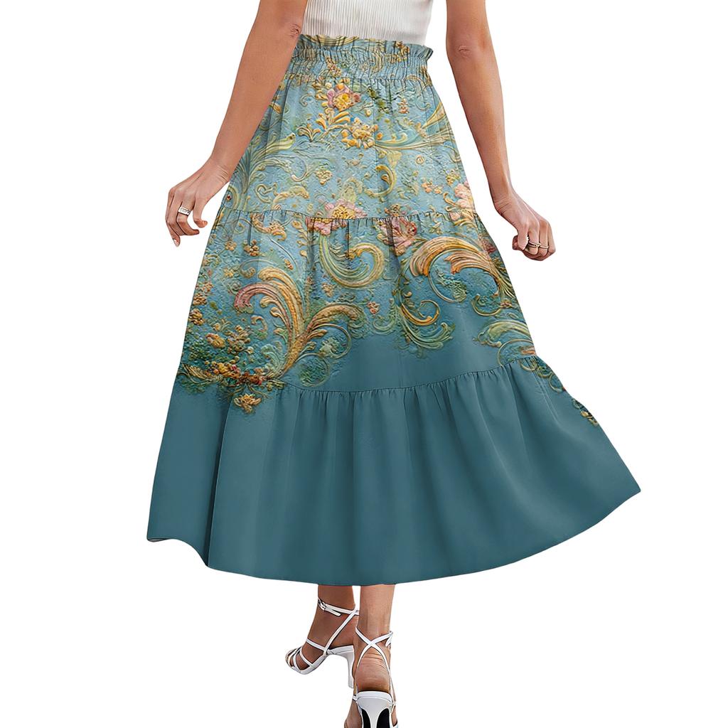 Womens Maxi Skirt Drawstring High Waisted Summer Long Skirts Lightweight Tiered Flowy Floral Pleated Skirts