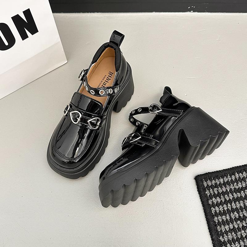 Punk Dark JK Uniform Mary Janes Thick Heel Women's Shoes Rock Chick Short Height Increase Platform Casual Shoes for Ladies