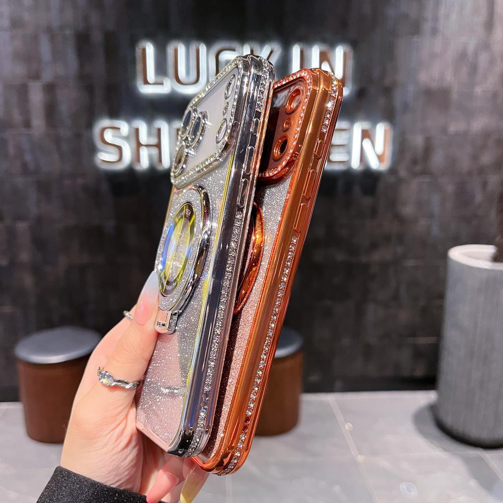 For iPhone 17Pro Max Luxury Glitter Stand Holder Plating Flash Diamond Frame Phone Case For iPhone 17Air 11 12 13 14 15 16 Plus Cover