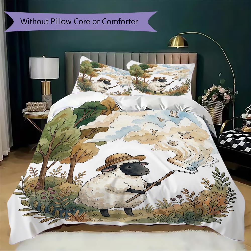 Rural Story Sheep Pattern Bedding Uilt Set Uilt Cover Pillowcase Home Decoration Birthday Gift (1 * Duvet Cover + 2 * Pillowcase Without Core)