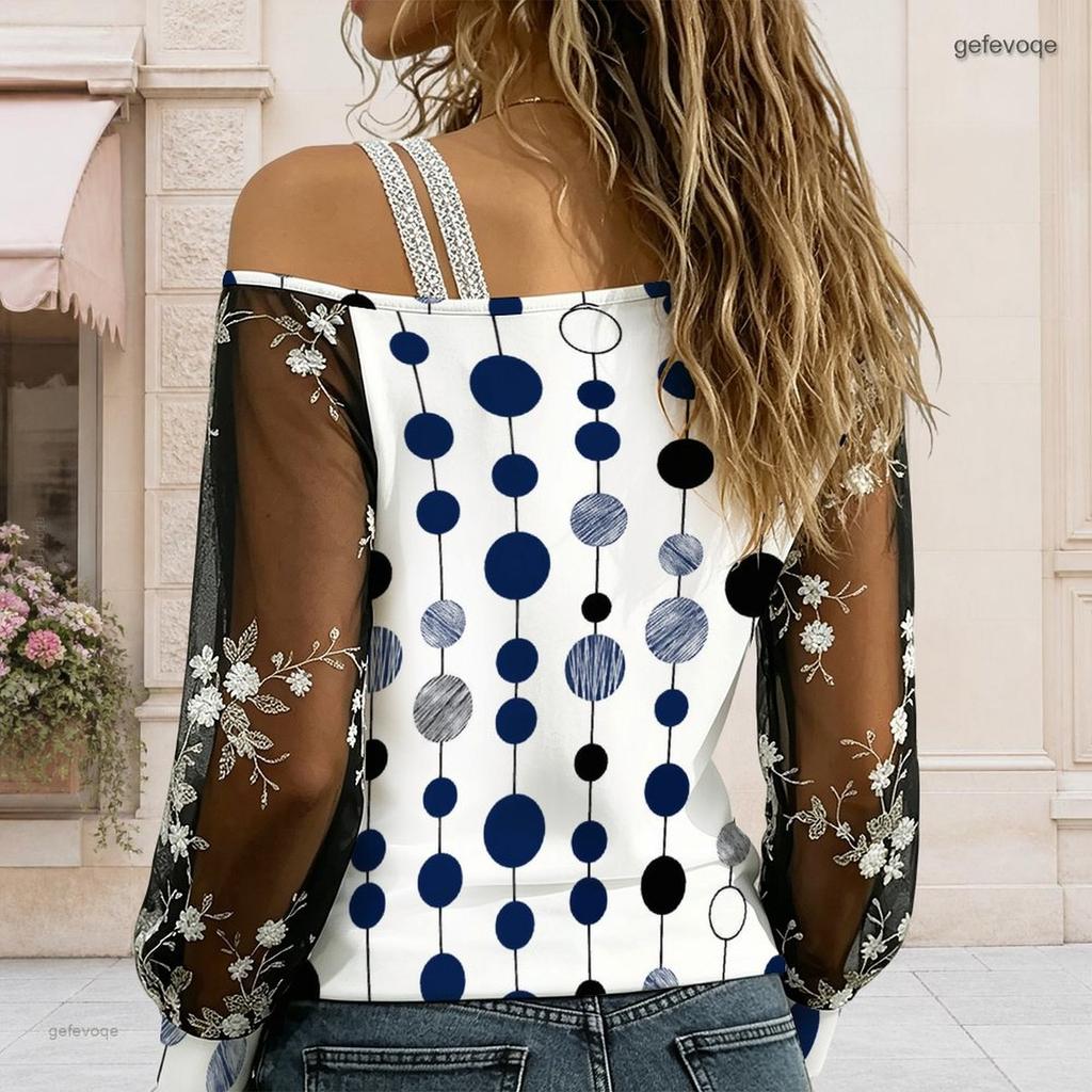 Women Plus Size Asymmetric Cold Shoulder Long Sleeve T Shirt Geometric Printed Sheer Floral Embroidery Top