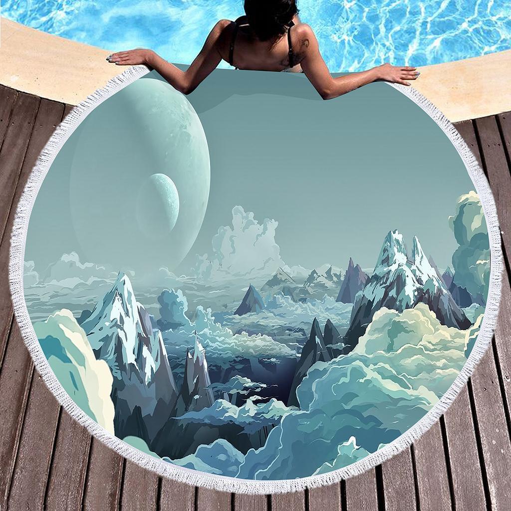 Celestial Bodies Moon Blue Night Sky Round Beach Blanket Super Soft Polyester Absorbent and Sandproof Beach Towel Picnic Blanket