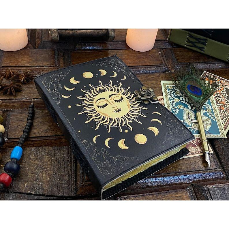 

sun and moon Phase leather Journal notebook spell book handstitched journal Grimoire Journal Handmade Journal With Deckle Edge Paper C lock 7 x 5 in - 100 Sheet