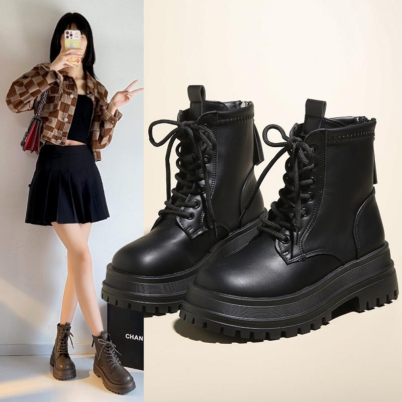 Martin Boots British Style Women's Autumn Ins Low Boots Skinny Legs Round Head Front Lace-up Women's Shoes Ins Style