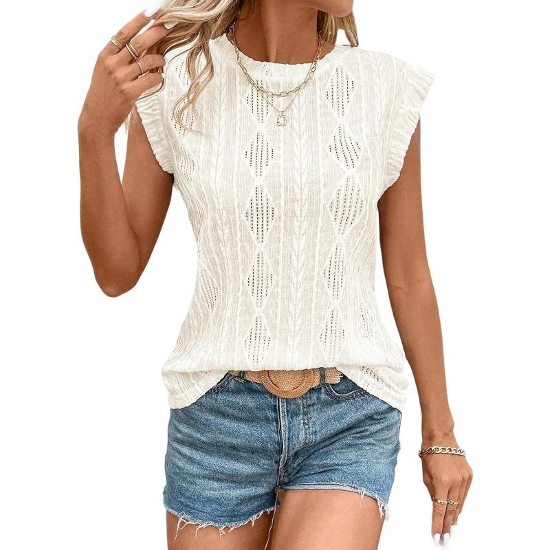 T-shirt a gilet casual da donna, scollo rotondo, jacquard, manica corta, geometrica