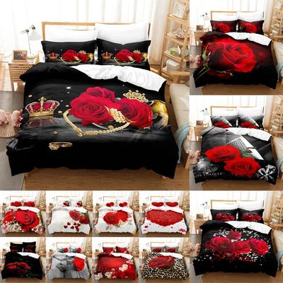 Rote Rosen Bettbezug-Set Queen Size King Full 3D Bettwäsche-Sets Blume Kissenbezug Quilt Bettwäsche Einzel Doppelbett