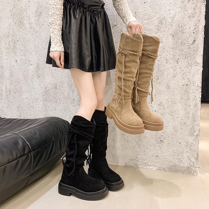 New Style Popular Women's Luxury Knight Boots Fall Winter Women's Brown Tassel Mid-Leg Women's Boots Zapatos Mujer