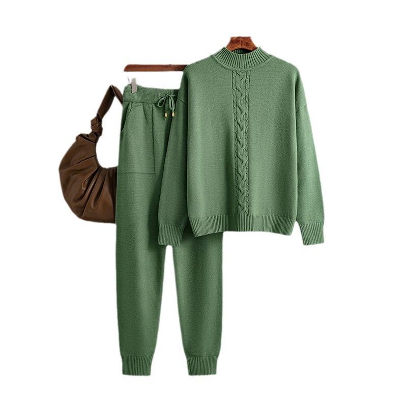 Women's Clothing Autumn and Winter New Semi-turtleneck Twist Knitted Suit Casual Sweater Pullover Two-piece Set