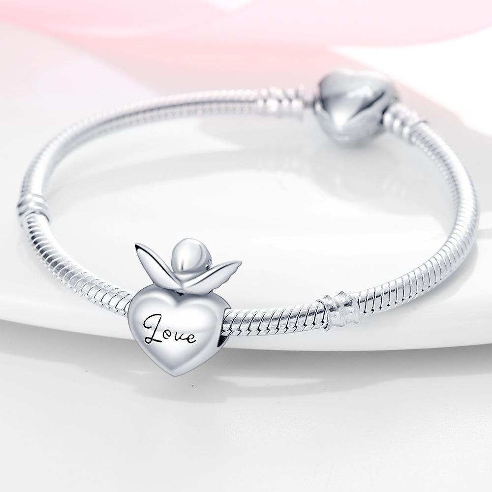 Bracelet Collier Perles en Argent 925 Cordon Ange Espoir Perles en Forme de Cœur Style DIY Bijoux Personnalisés Cadeau Accessoires pour Femmes