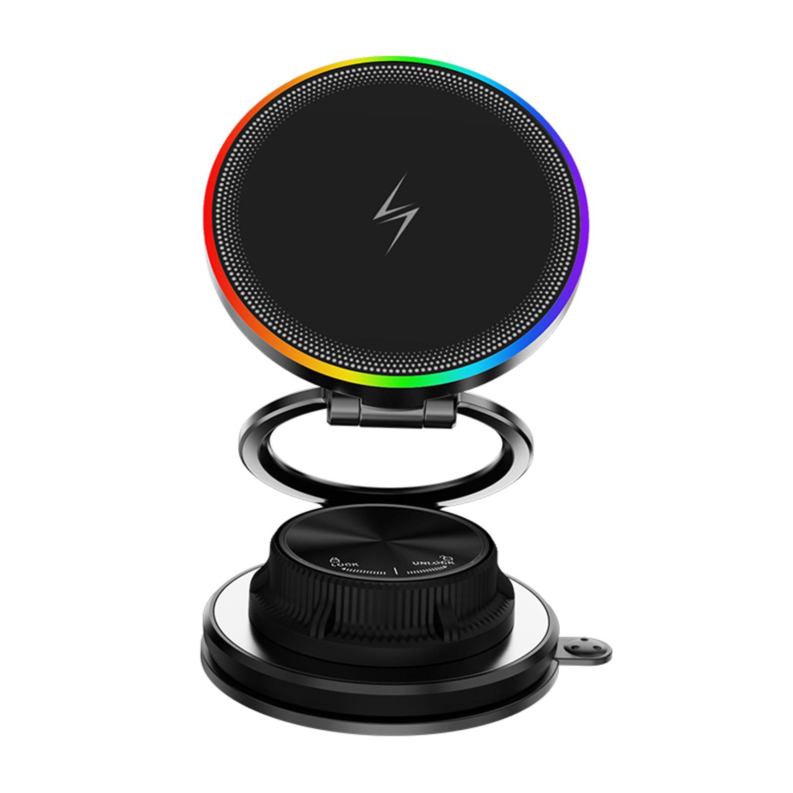 Magnetic Wireless Phone Holder, 15W Fast Charging with Suction Cup and Ambient Light, Multi Angle Adjustable Mount for