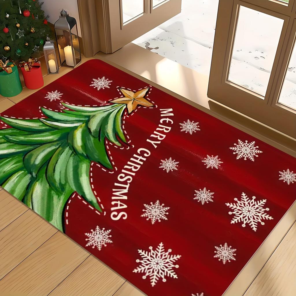 Christmas Snowflake Letter Star Tree Doormat, Machine Washable Flannel Rug with Back Glue for Indoor Outdoor Multi-Room Decor