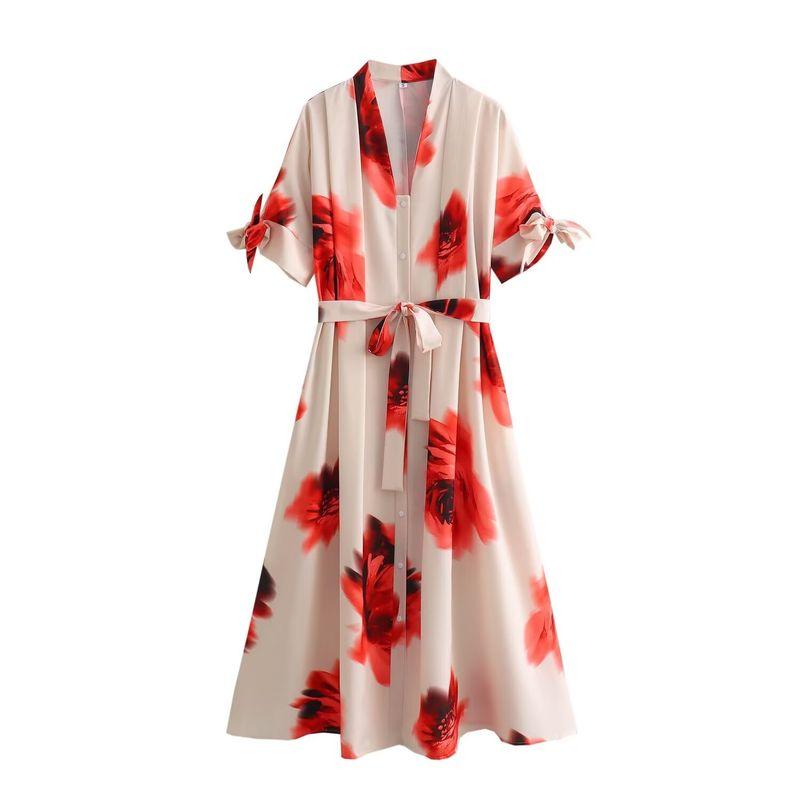 

Kaslead New Arrival Women s Clothing Fashion Style Fashion Casual Tie-Dye Print Waist Trimming Short-Sleeved Dress Color L