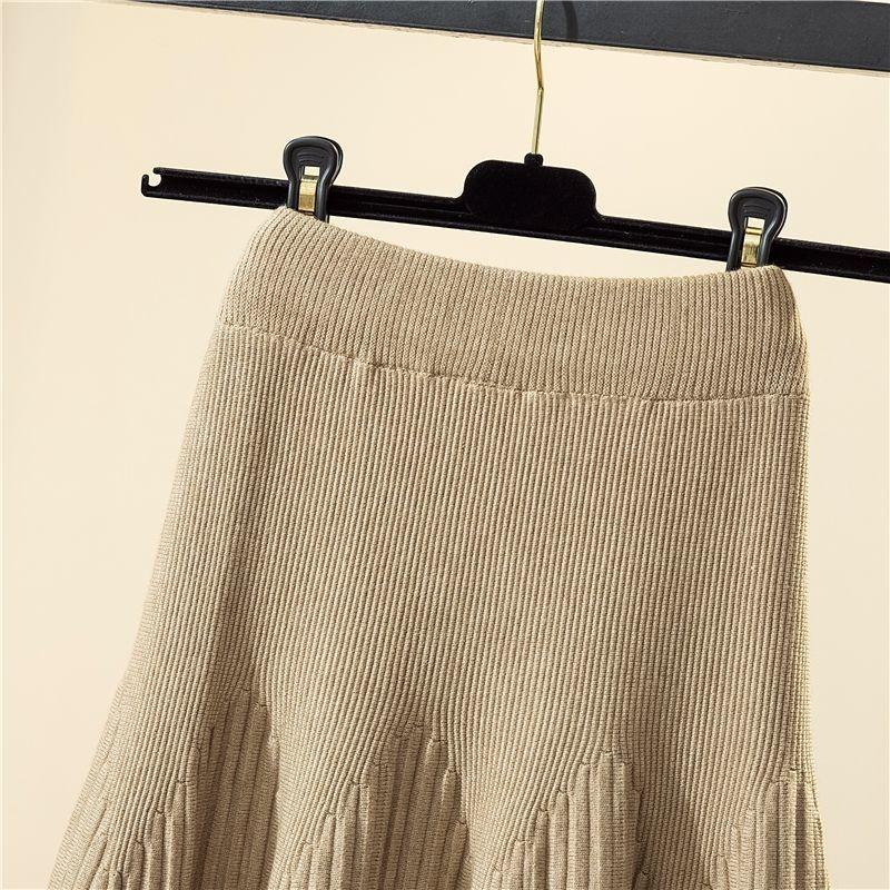 Hustý Teplý Dámský Pletený Svetr Sukně Vysoký Elastický Pas Áčkový Střih Módní Ležérní Dámské Dlouhé Sukně