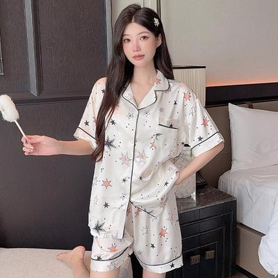 2025 Sommer 2-teiliges Damen-Set Kurzarm-Oberteile und Shorts Pyjama Damen Seide Mode elegant Luxus Satin Nachtwäsche Sternenmuster Pyjama-Set