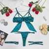Hollow Out Underwear Three Piece Set Bow Women Lingerie Set Comfortable Satin Silk Bra Suit  Home