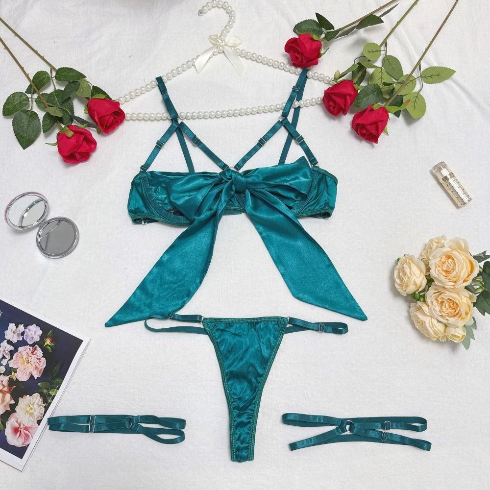 Hollow Out Underwear Three Piece Set Bow Women Lingerie Set Comfortable Satin Silk Bra Suit  Home
