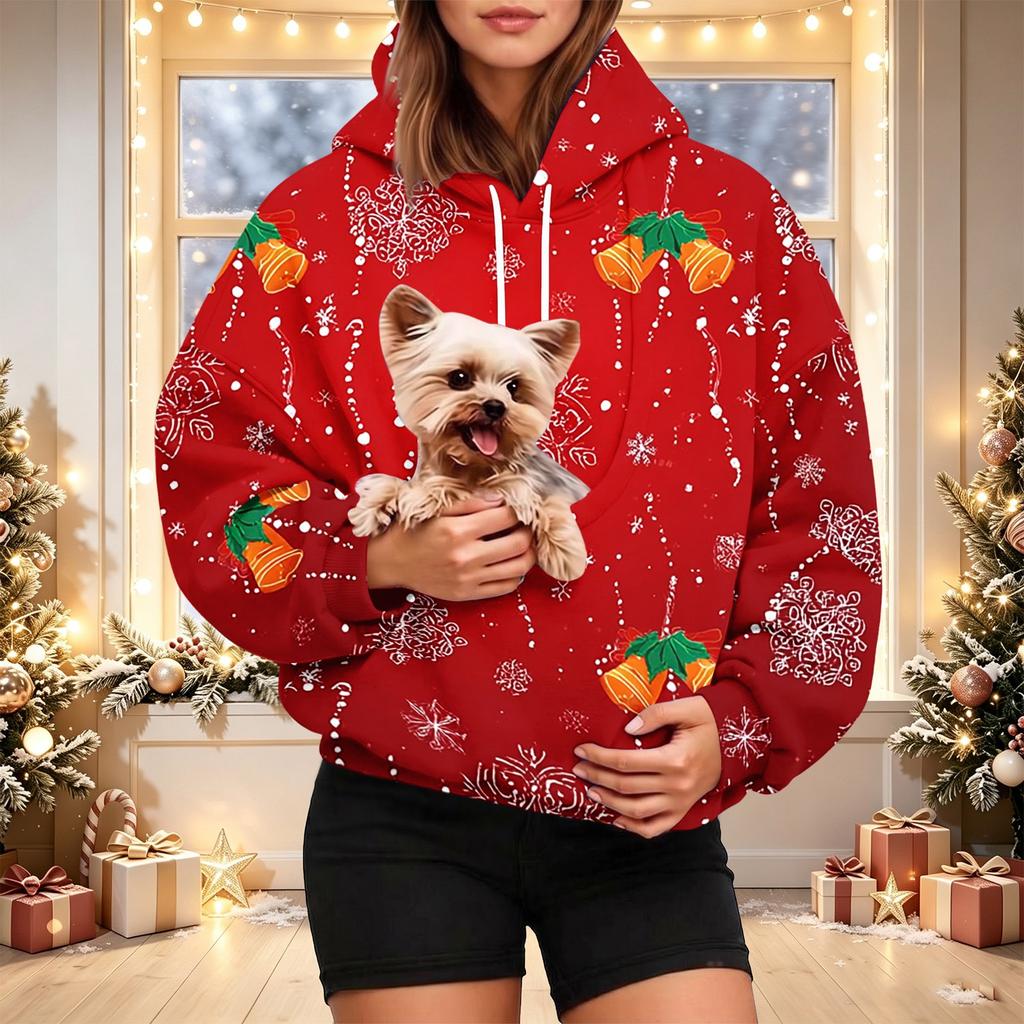 Women's Christmas Print Pet Pocket Hoodie, Fashion Hooded Sweatshirt for Holiday