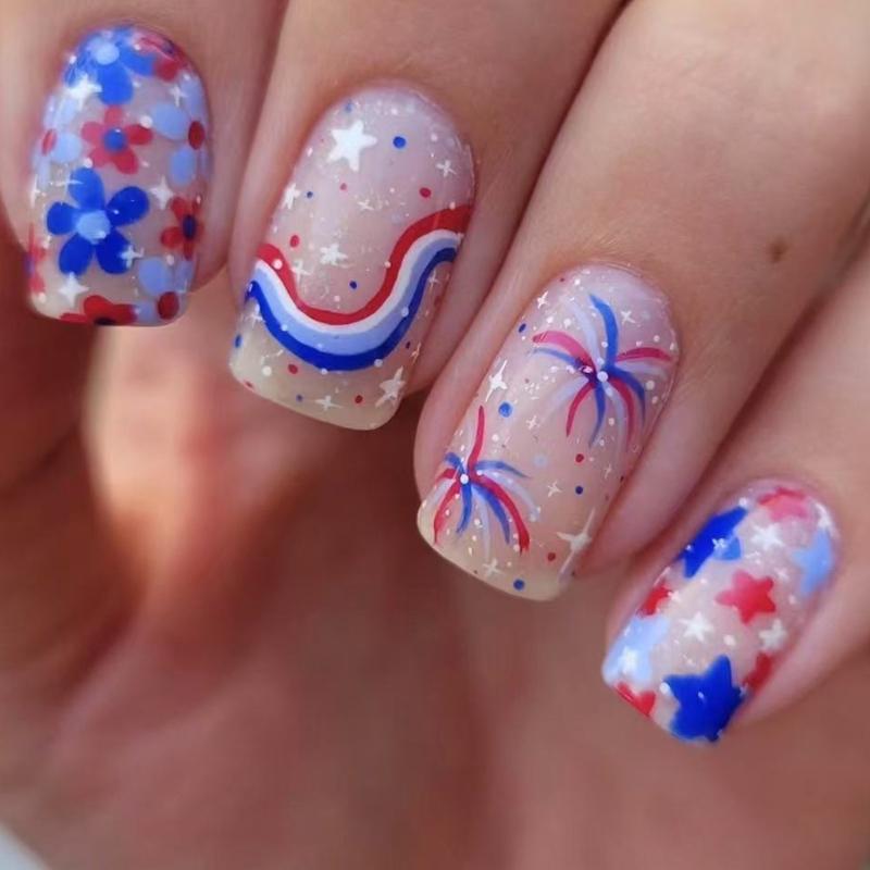 Square Press on Nail 4th of July Fake Nail Independence Day Glues on Nail Patriotic False Nail Full Cover Fake Nail