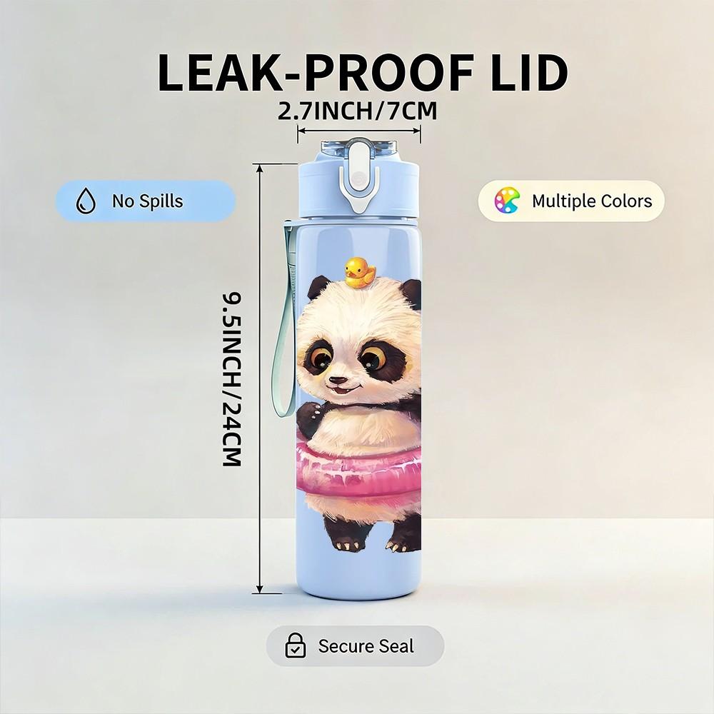 1PC Panda With Pink Swim Ring Pattern 750ml Color Plastic Sports Water Bottle Leakproof Flip Straw Lid Suitable for Sports Office Home Use