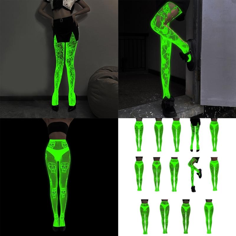 Women Glow in Dark Halloween Fishnet Pantyhose Luminously Spiderweb Skull Pattern Mesh Tights Stockings Party Hosiery