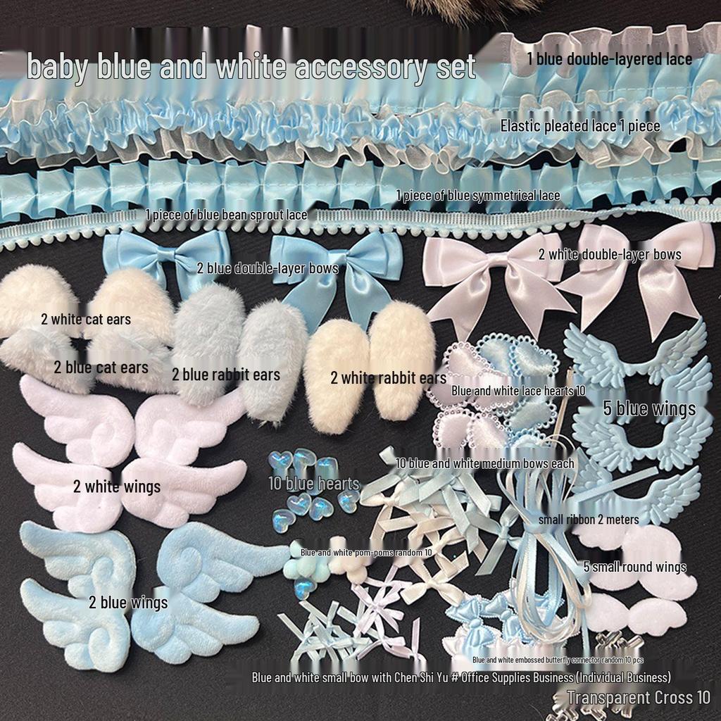 Sada na zdobení držáku na karty DIY s krajkovým lemováním Modrá stuha - Obsahuje skládací podpěrku, držák na odznáček s knoflíkem a materiály pro Ita tašku.