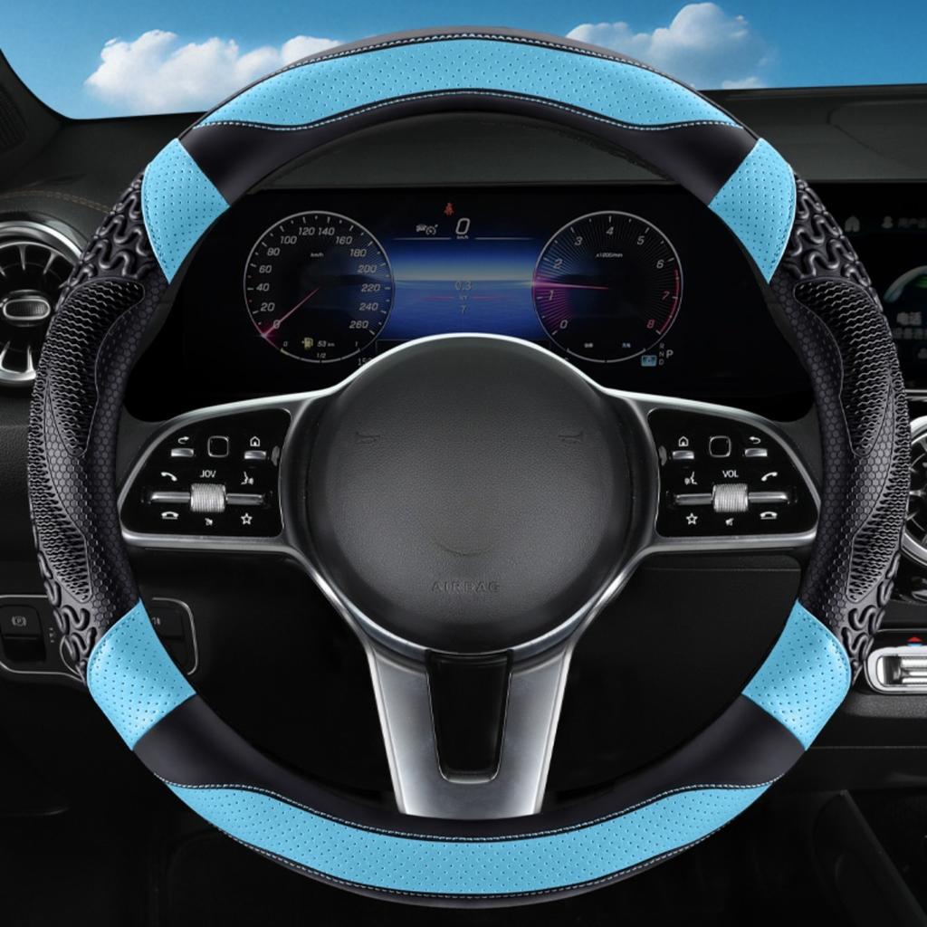Sporty All-Season Steering Wheel Cover with Heat Embossing, Perforated PU Leather for Enhanced Grip - Fits 14.5-15 Inch Wheels