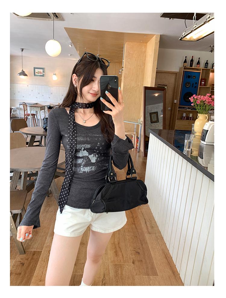 American Retro Square Neck Long Sleeve T-shirt - Women's Slim Fit Cropped Top for Autumn