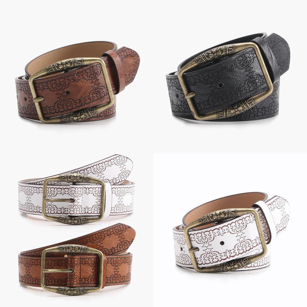 Vintage Y2k Embossed Pu Belt For Women With Metal Buckle For Casual Denim Styling