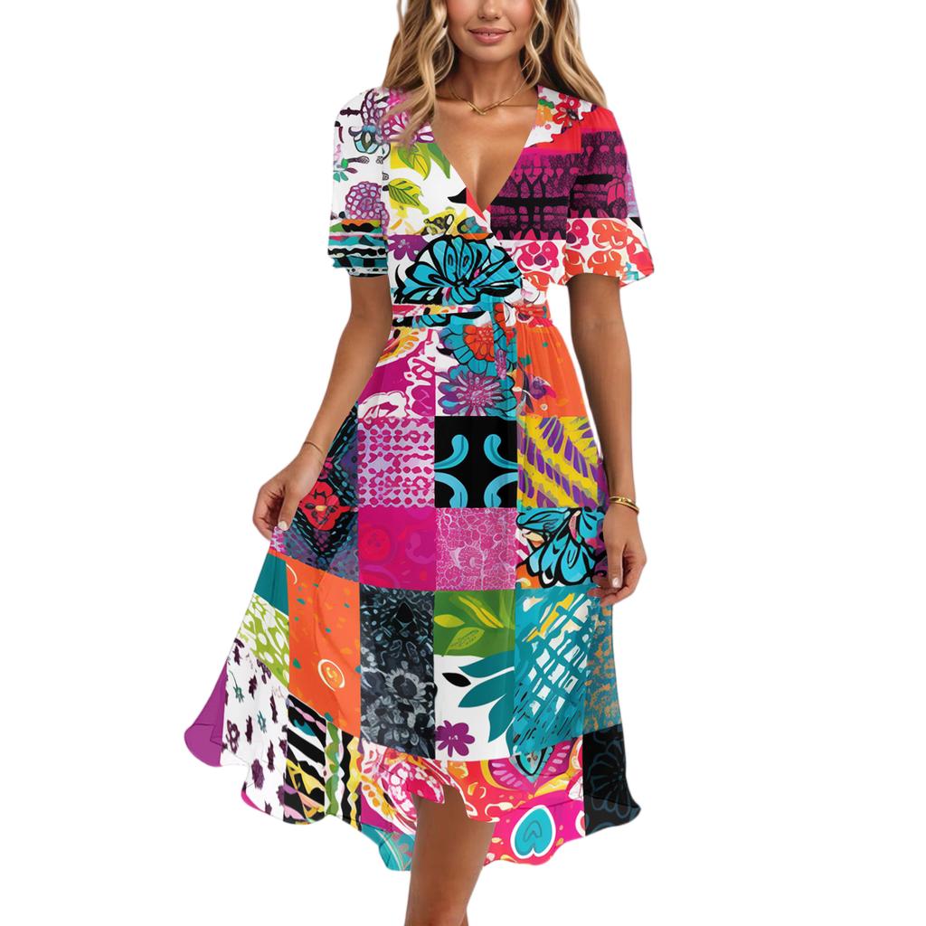 Women's Fashion Casual V Neck Short Sleeve Retro Floral Print Dress Midi Length Lightweight Summer Dress