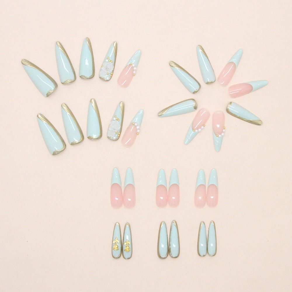 24pcs Manicure Long Almond Stiletto False Nails French Green Wavy Fake Nails Detachable Pearl French Nail Tips Women