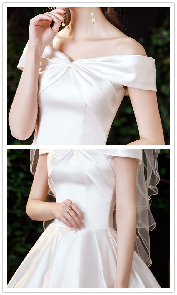 JINZUOMA Satin Wedding Dress with Back Elegant and Formal for and Other Occasions Size Women's Off-the-Shoulder Ribbon, Weddings, Concerts, (White, M)