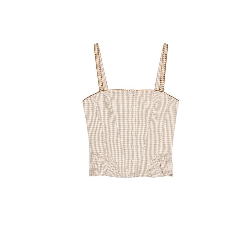 

Laminated Decoration Gingham High Waist Mini Skirt 5107400 Sexy off-Neck Strap Tops 5107009 Brown Tops L